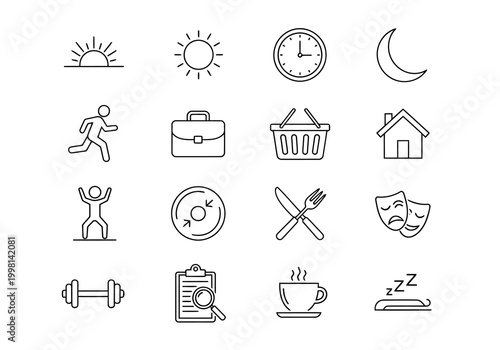 Daily routine and lifestyle line icons set icons for morning, work, shopping, home, exercise, dining, entertainment, and sleep