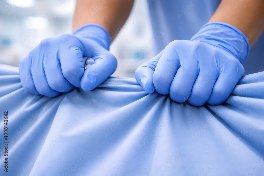 Fototapeta premium Medical Worker Gripping Surgical Drape with Gloves in Hospital Setting Representing Preparation for Procedure and Sterile Technique