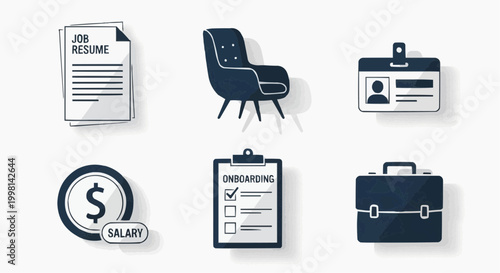 Human resources icon set, 6 recruitment vector elements, job resume and onboarding checklist symbols, business hiring and salary icons for corporate career web design
