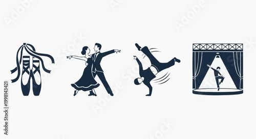 Minimalist dance icons set, ballroom dancing couple and breakdancer silhouettes, ballet pointe shoes and theater stage vector illustrations