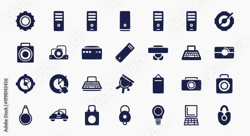 Retro technology icon set, vintage computer and hardware vector collection, 28 dark blue flat icons of classic electronics and office equipment