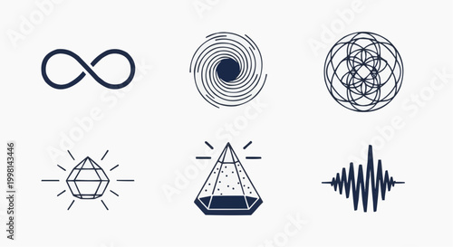 Minimalist sacred geometry icons set, black linear mystical symbols including infinity and pyramid, 6 vector elements for spiritual branding