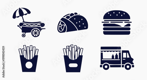 Fast food icon set with street food truck and hot dog cart, navy blue flat vector silhouettes of burger taco and french fries, restaurant menu graphics