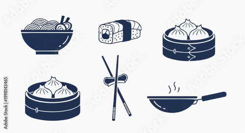 Minimalist Asian food icons set, navy blue Japanese sushi and Chinese dim sum vector illustrations, 6 culinary elements for restaurant menu design