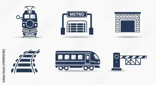 Railway and metro station icon set, 6 flat vector elements for public transportation, locomotive and subway train symbols for logistics and travel
