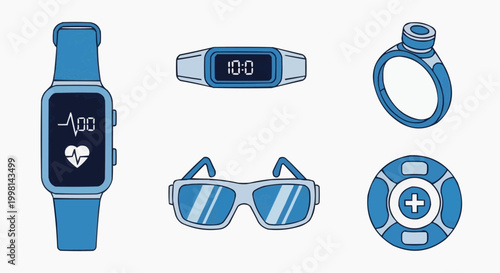 Wearable technology vector icons set, blue smart watch and fitness tracker devices, digital health gadgets and smart glasses collection