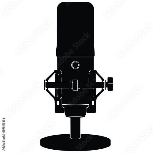 Professional studio condenser microphone silhouette icon for podcast and recording logo
