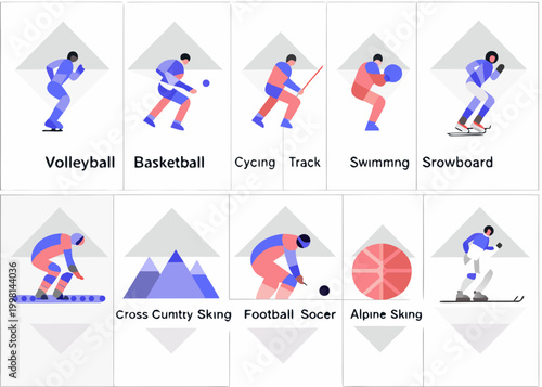 Flat vector illustrations of athletes performing various sports