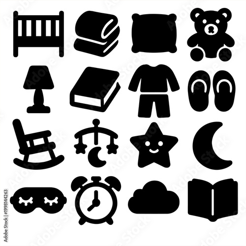 Collection of bedtime and sleep-related icons in a simple, modern silhouette style