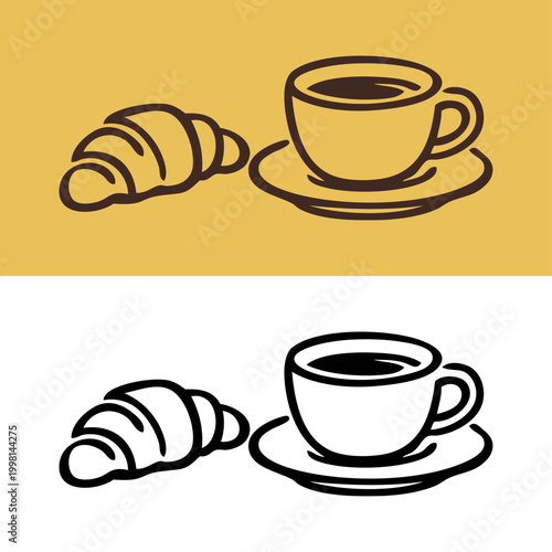 Logo cafetería. Dibujo sencillo con líneas de una taza de café con su plato y un croissant 