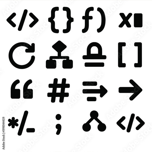Collection of programming and coding symbols and icons for software development