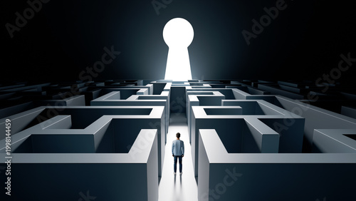 Man standing in a complex maze looking toward a glowing keyhole exit representing the definitive solution to corporate challenges and career growth, 3d render