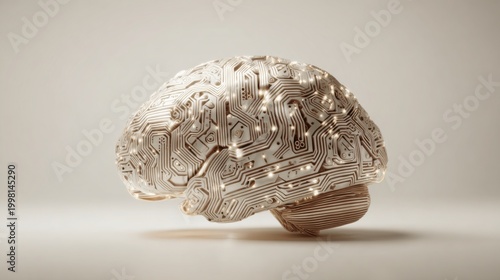 Realistic brain with subtle circuit patterns integrated, soft glow, clean background, concept of hybrid human AI thinking, minimal composition