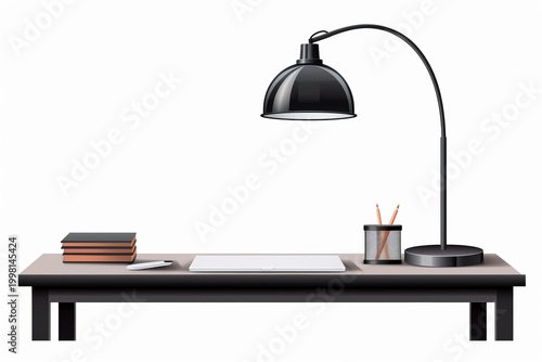 Modern office desk with a black lamp, closed laptop, stack of books, and pencil holder