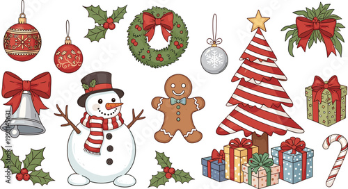 Christmas winter icons set with snowman gingerbread man tree gifts and ornaments for holiday cards