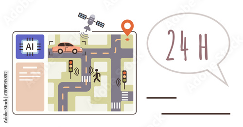 Smart cities, traffic control, navigation systems, autonomous vehicles, data analysis, real-time tracking. AI-based system managing urban traffic flow with satellite and pedestrian signals. Smart