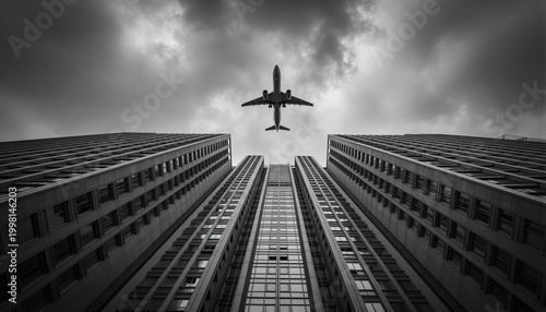 A dramatic black and white photograph captures a passenger airplane ascending between two towering skyscrapers, emphasizing a sense of scale and ambition.