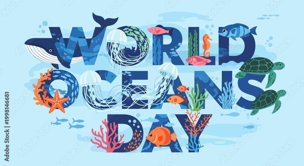 Fototapeta premium World Oceans Day awareness campaign illustration.