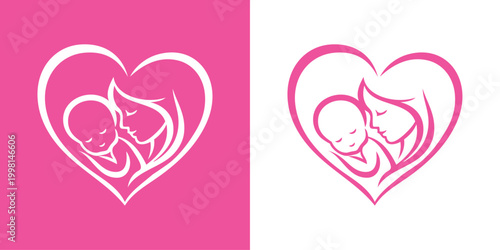 Logotipo con dibujo minimalista con líneas de una madre abrazando a su hijo en un corazón, para tarjetas y felicitaciones del Día de la Madre
