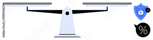 Financial security concept. A balance scale, shield with a lock, and percent symbol financial security, risk management, and secure transactions. Useful in finance, banking, risk management fintech