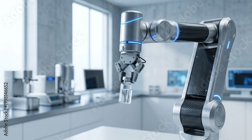 Advanced robotic arm holding a glass test tube in a modern, high-tech laboratory setting with blurred background equipment, symbolizing automation and scientific research.