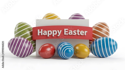 Colorful Easter eggs in gift box with festive holiday greeting banner