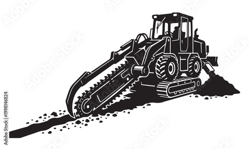 Trencher silhouette, trench digging machine, construction site, vector isolated on white