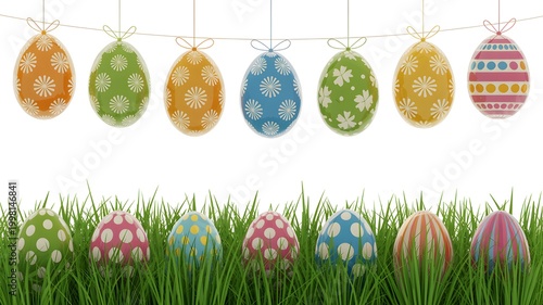 Colorful Easter eggs hanging and nestled in fresh green grass for spring celebration