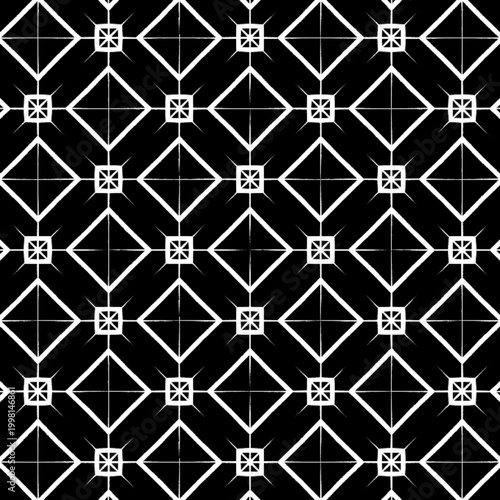 Seamless Black and White Bold Geometric Diamond Grid Starburst Connector Pattern