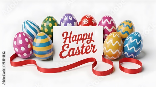 Colorful Easter egg basket with festive bunny eggs and red ribbon on white background
