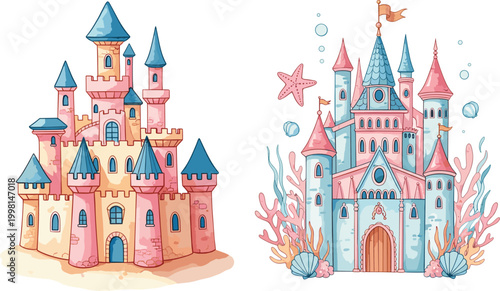 Fényképezés Fantasy Castle Illustration Set with Colorful Fairytale Palaces and Underwater K