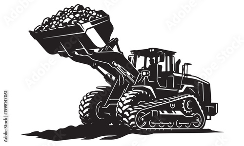 Tracked skid steer silhouette, compact track loader, construction site, vector isolated on white