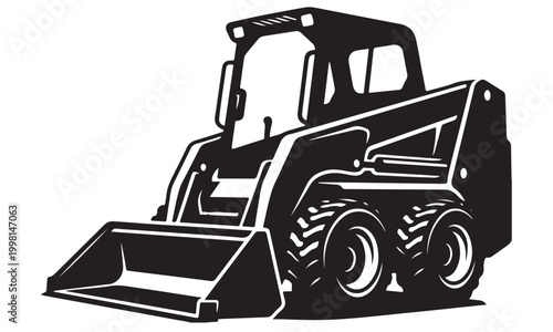 Skid steer silhouette, compact skid steer loader, construction site, vector isolated on white