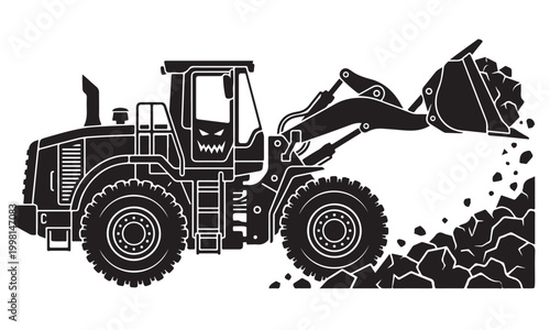 Wheel loader silhouette, front end loader machine, construction site, vector isolated on white