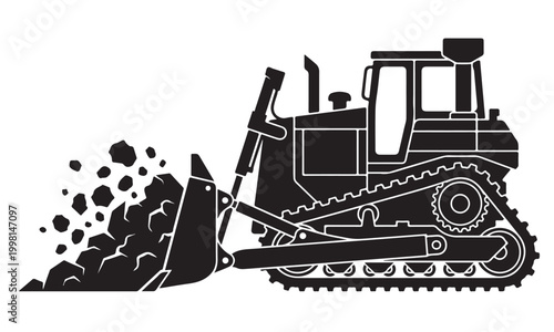 Angle blade bulldozer silhouette, dozer pushing soil, construction site, vector isolated on white