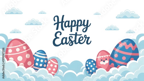 Colorful Easter bunny eggs with festive greeting card design on pastel background