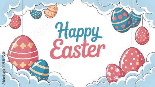 Colorful Easter egg decorations hanging on garland with festive greeting