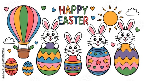Colorful Easter celebration with cartoon bunnies and decorated eggs in spring illustration