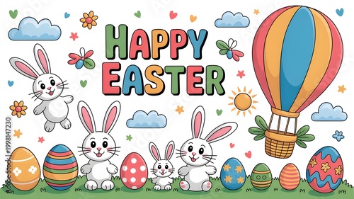 Colorful Easter celebration with bunnies, eggs, and hot air balloon in spring garden
