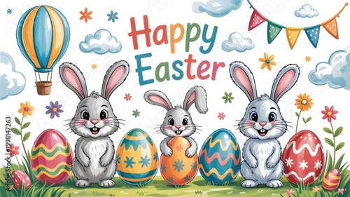 Cute cartoon bunnies celebrating Easter with colorful eggs and decorations on sunny meadow