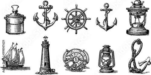Vintage engraved nautical anchors ship wheels lighthouse and lantern clipart sheet with rope and compass for maritime background design