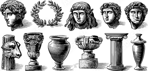 Vintage engraved classical busts laurel wreath columns vases and ancient pottery clipart sheet for historical design background and print