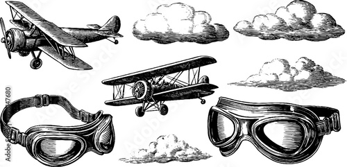 Vintage engraved biplane and pilot goggles clipart sheet with clouds for retro banner and background design