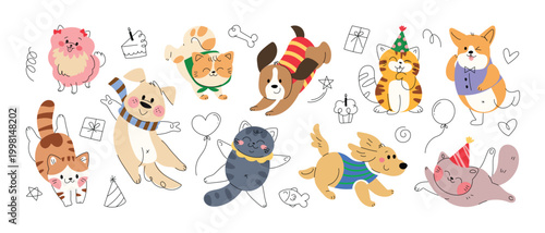 Collection of playful cat and dog with smiling, running and jumping. Flat doodle cartoon vector illustration.
