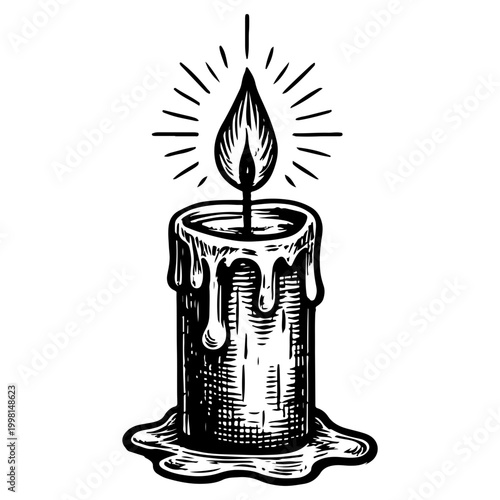 Melting candle with flame dripping wax black and white
