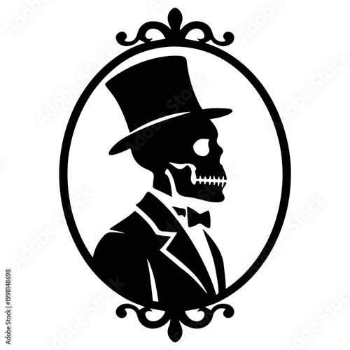 Skeleton man in hat and tuxedo bow tie