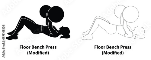 Female Black Silhouette and Outline Set Performing Modified Floor Bench Press for Chest Strength and Upper Body Fitness Training Illustration