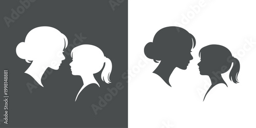 Logotipo con dibujo minimalista con siluetas de las cabezas de una madre mirando a su hija, para tarjetas y felicitaciones del Día de la Madre
