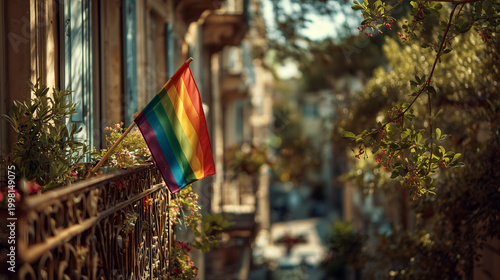 Rainbow pride flag on balcony in sunny european city street