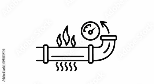 Line art of a pipe with flames and a pressure gauge showing flow